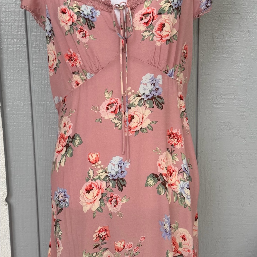 New GAP Dusty rose Pink Floral Midi flowy peasant coquette smocked panel Dress M - Picture 8 of 9